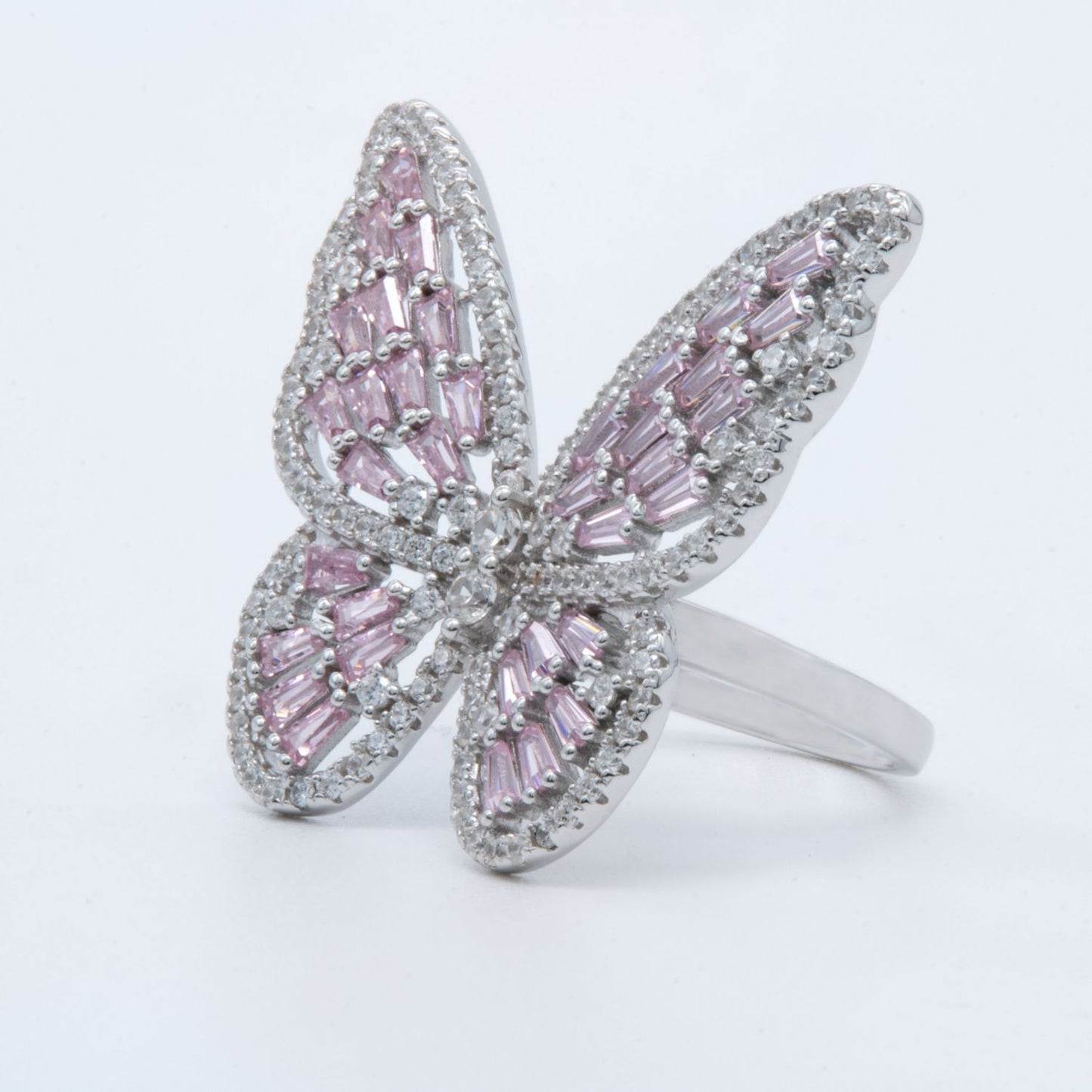 Silver Pink Baguette Butterfly Ring
