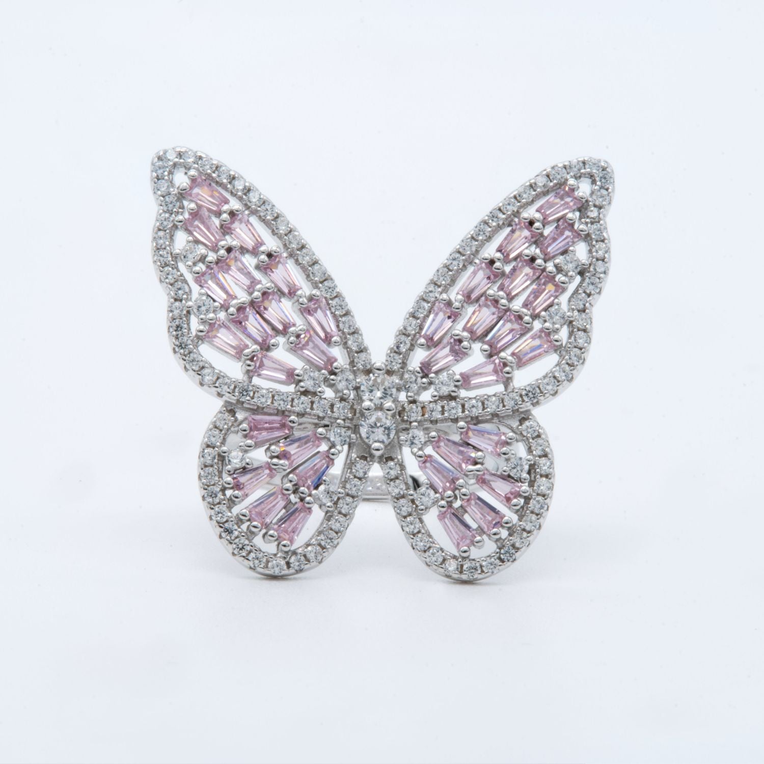 Silver Pink Baguette Butterfly Ring
