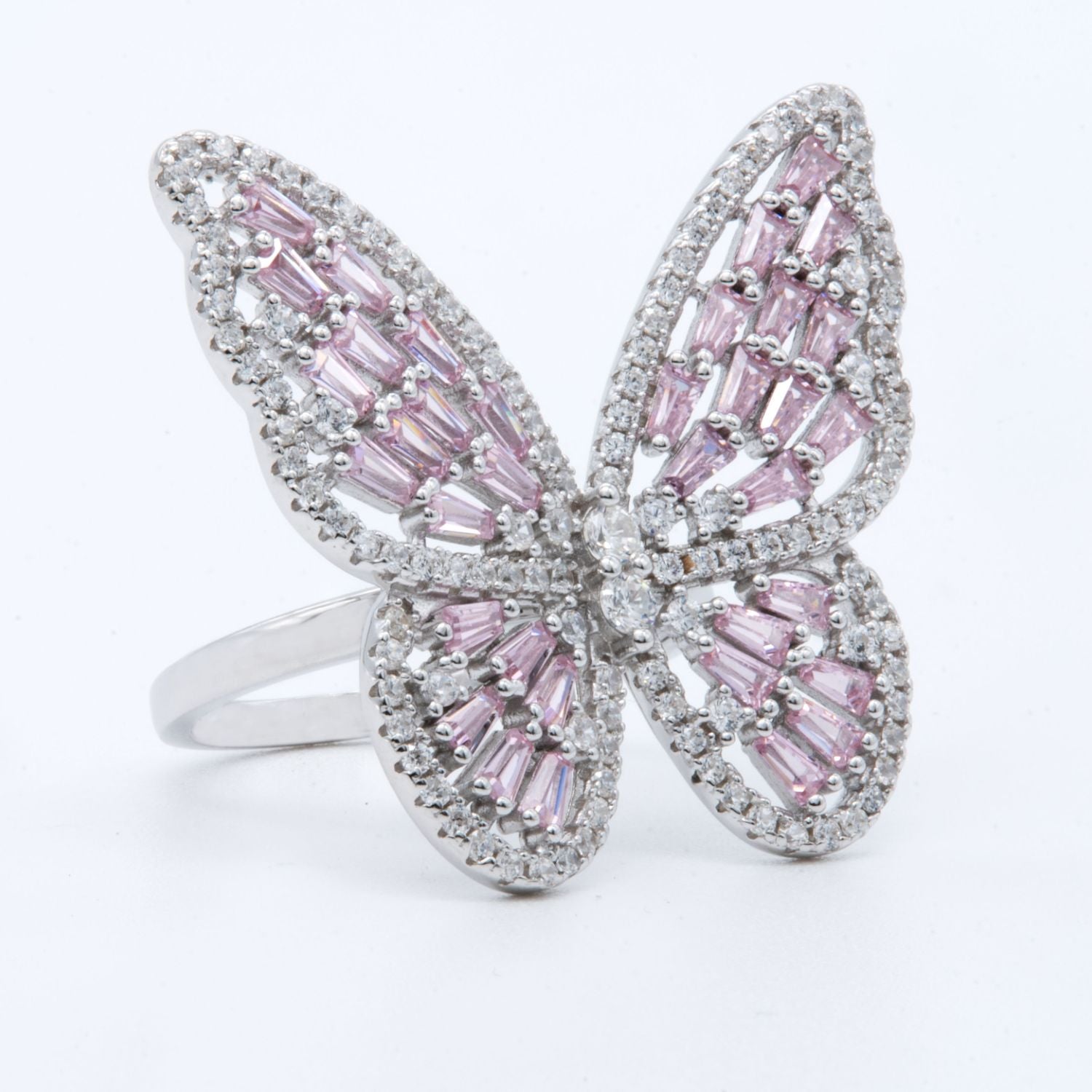 Silver Pink Baguette Butterfly Ring