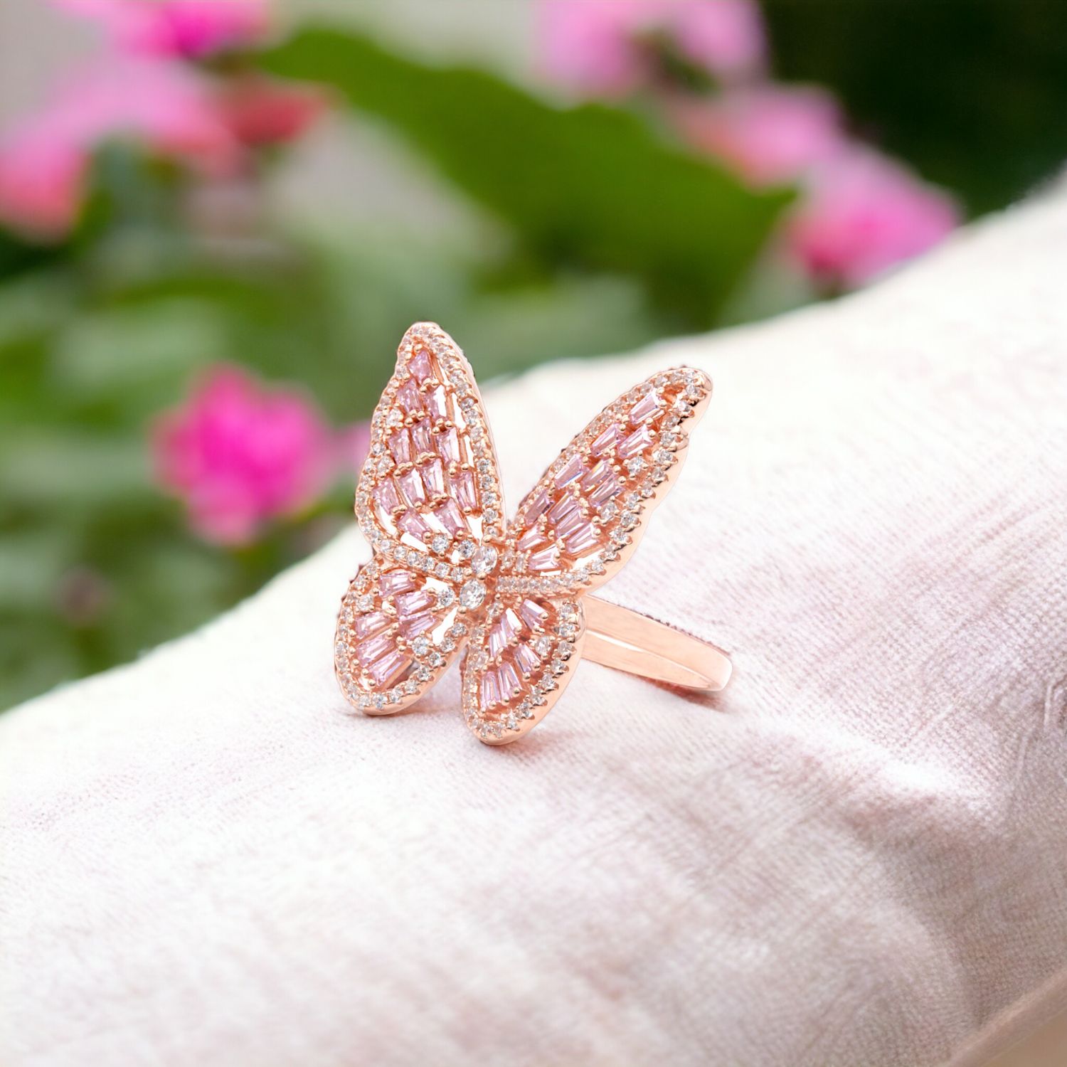 Pink Baguette Butterfly Ring