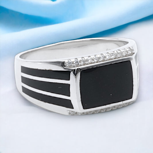 Men's Black Enamel Rectangular Signet Ring