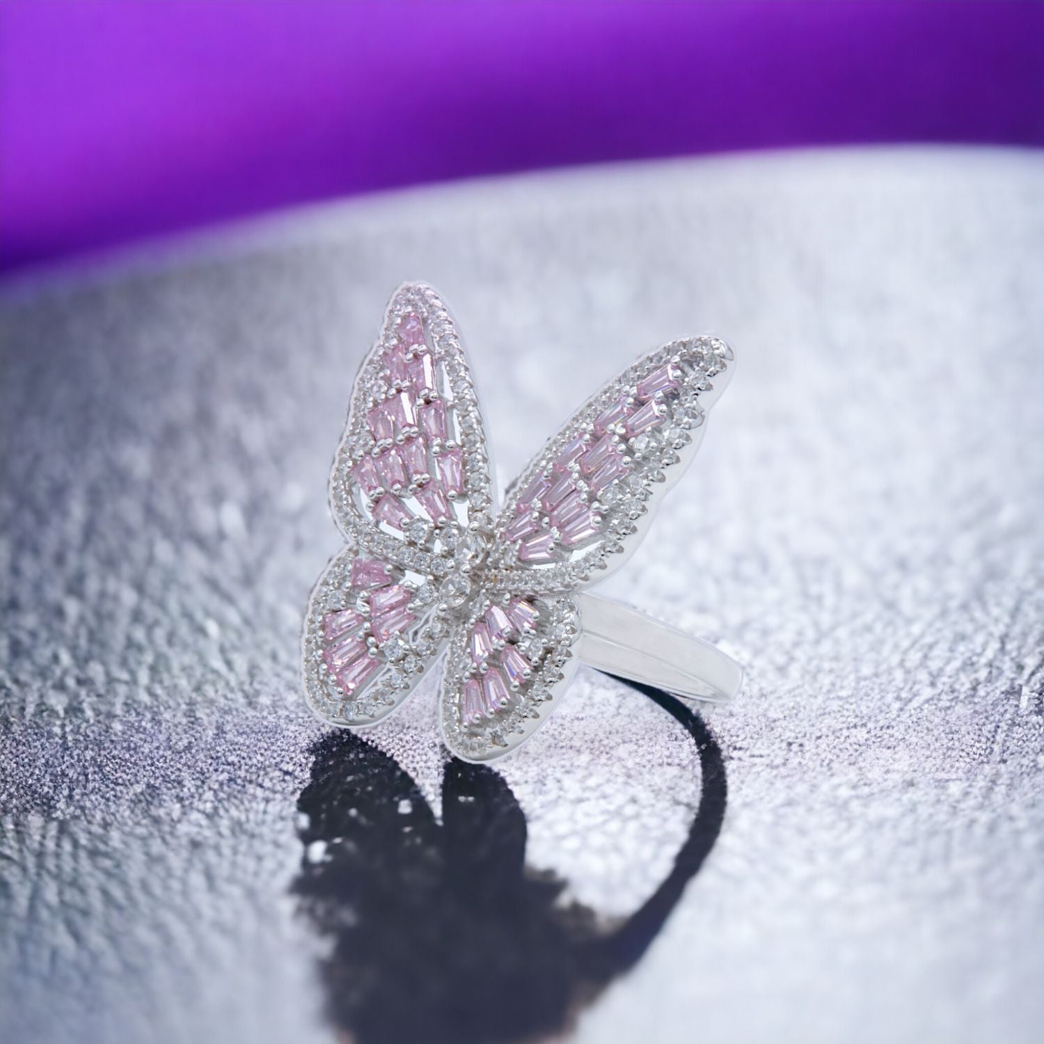 Silver Pink Baguette Butterfly Ring