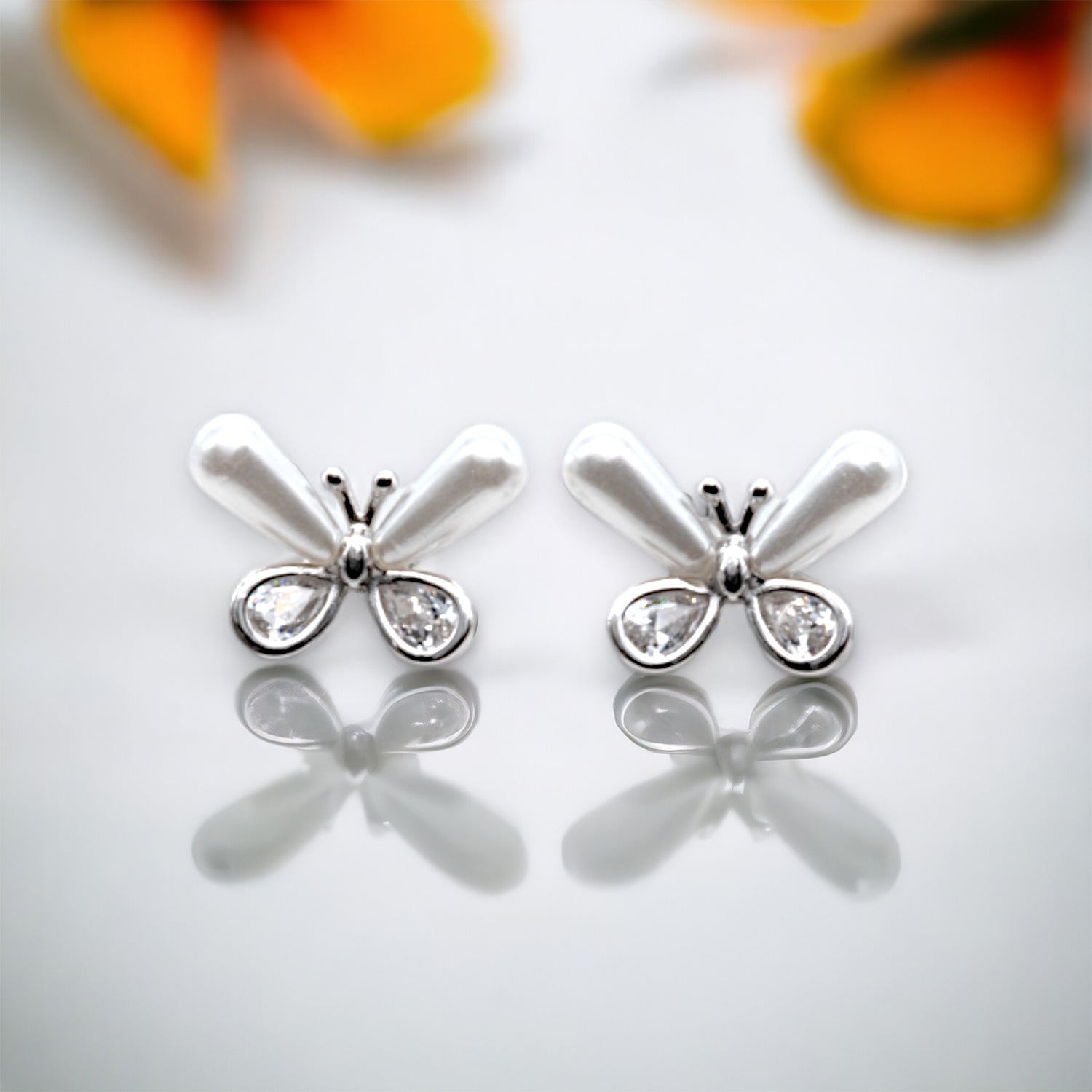 Pearl Butterfly CZ Stud Earrings