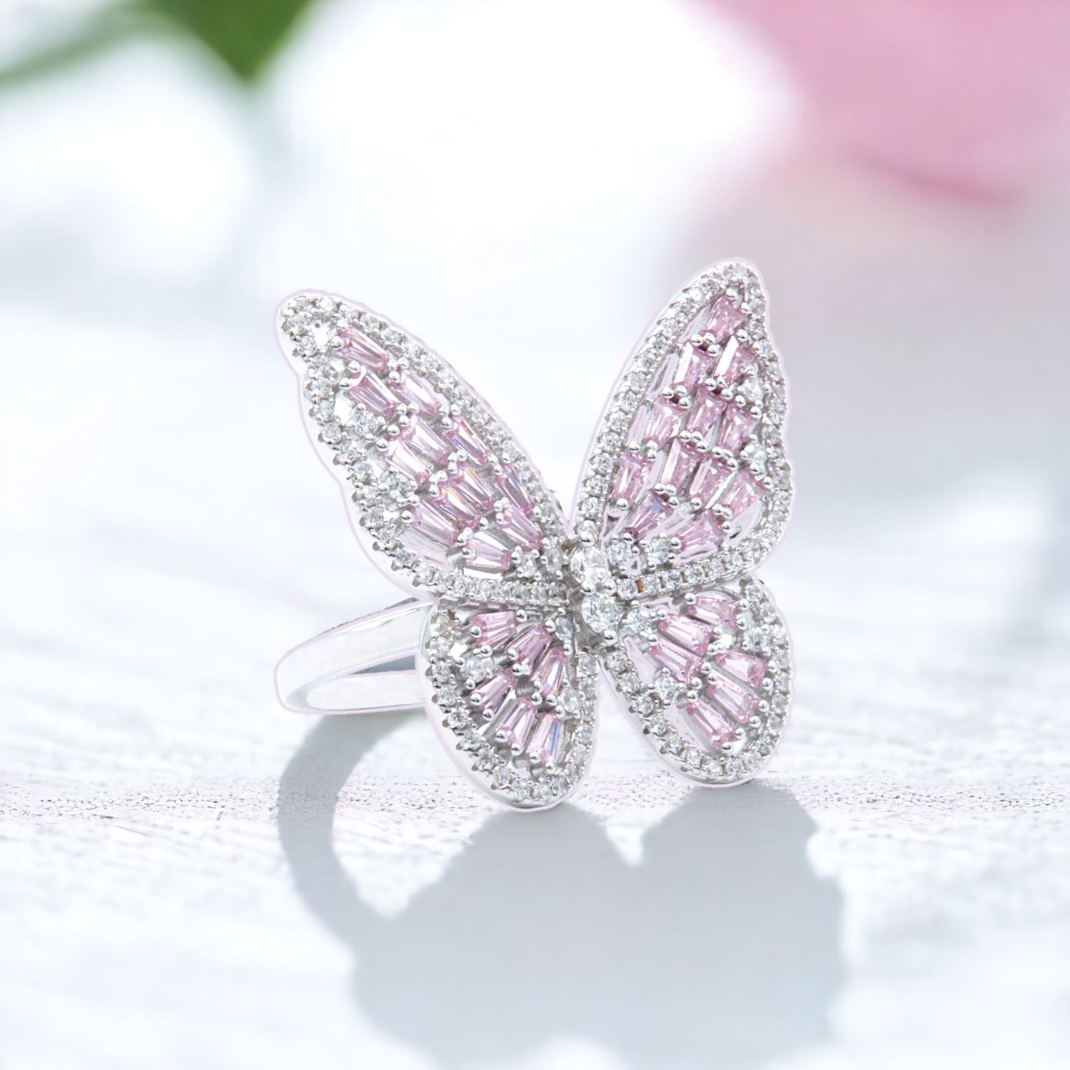 Silver Pink Baguette Butterfly Ring