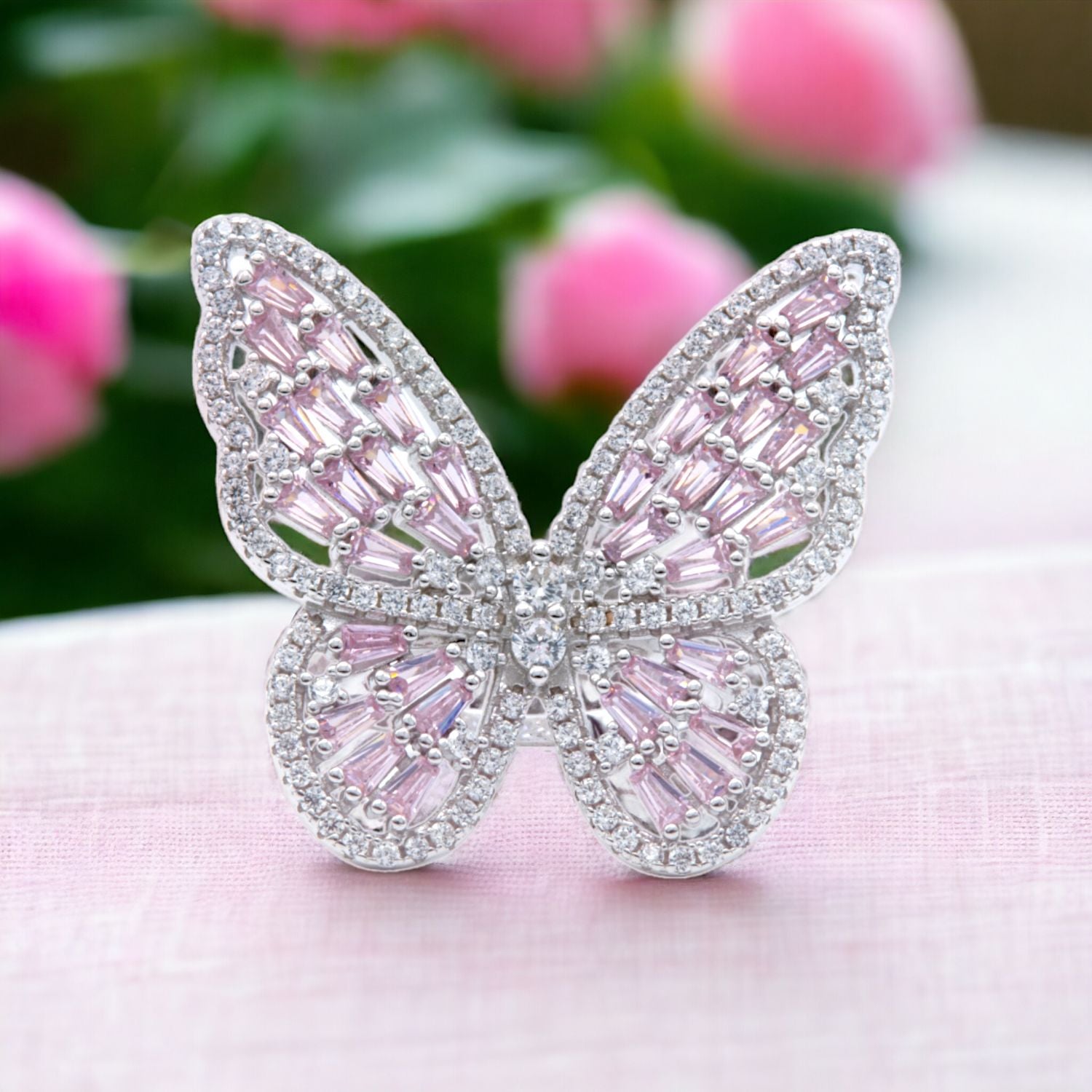 Silver Pink Baguette Butterfly Ring