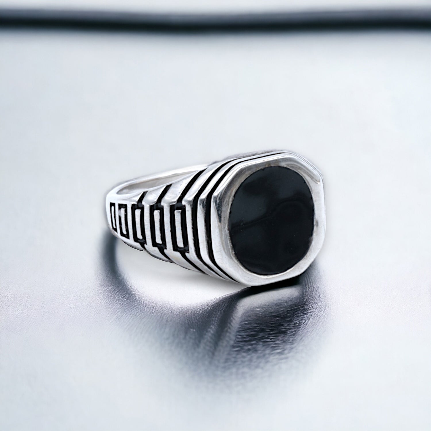 Men's Black Enamel Striped Signet Ring