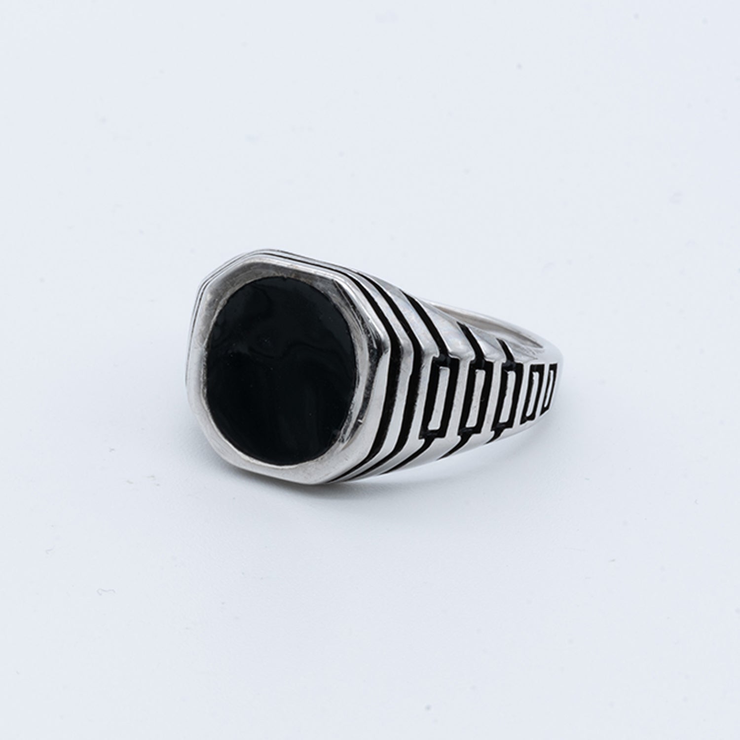 Men's Black Enamel Striped Signet Ring