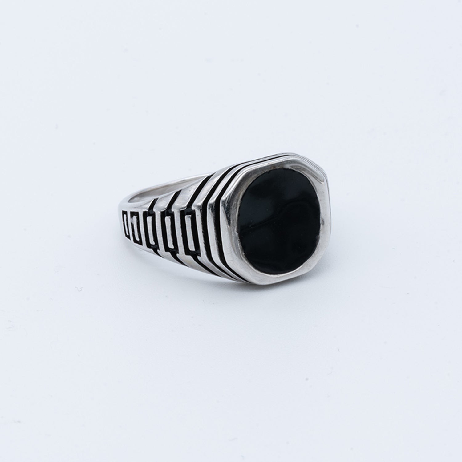 Men's Black Enamel Striped Signet Ring