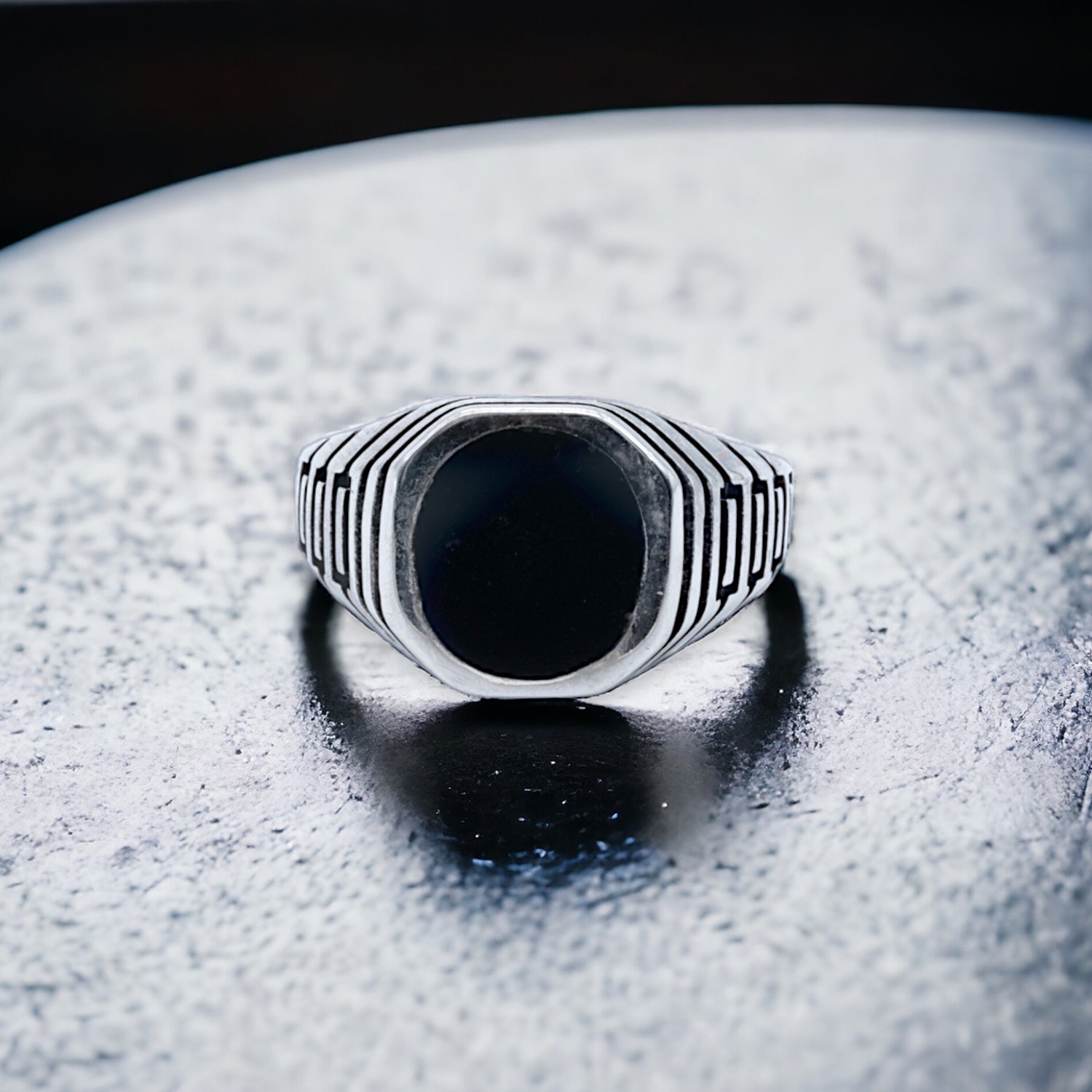 Men's Black Enamel Striped Signet Ring