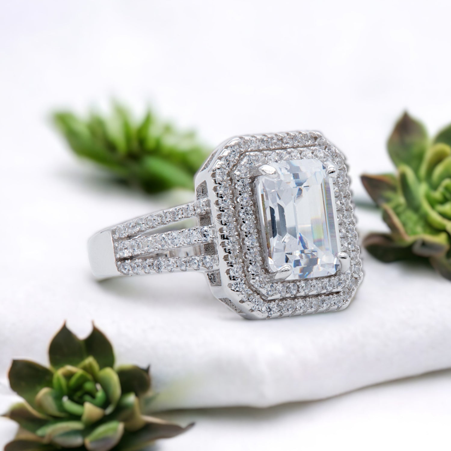 Grand Emerald-Cut Halo Ring