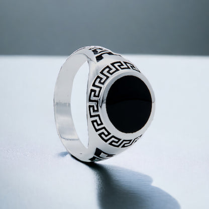 Men's Greek Key Black Enamel Signet Ring