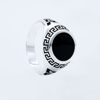 Men's Greek Key Black Enamel Signet Ring