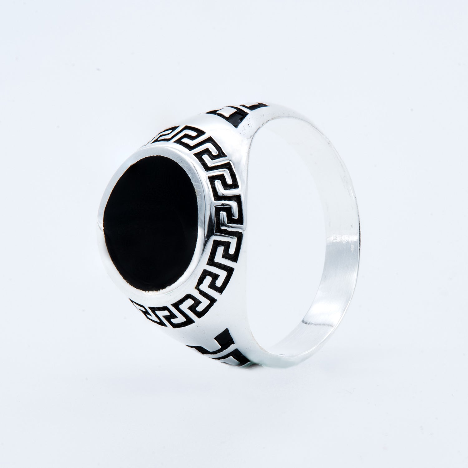 Men's Greek Key Black Enamel Signet Ring